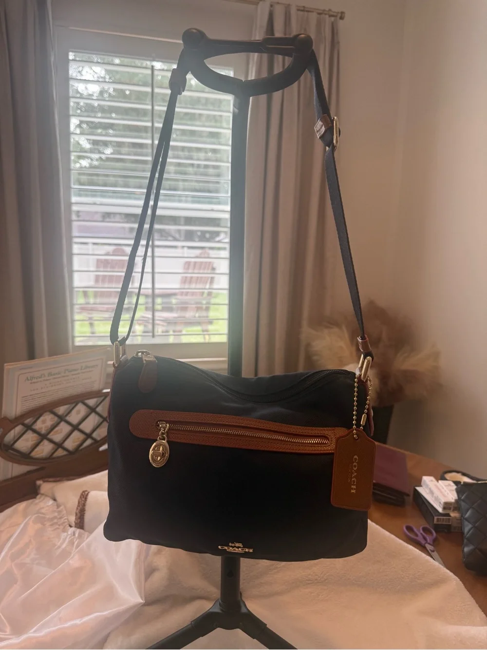 COACH Sawyer Navy Nylon Crossbody Bag with Tan leather Trim and red accents